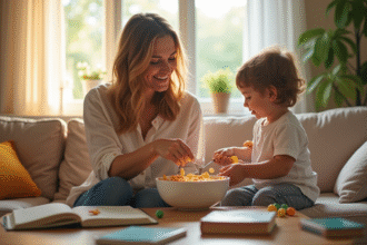 Maman et enfant assis sur un canapé ensoleillé dans un salon chaleureux
