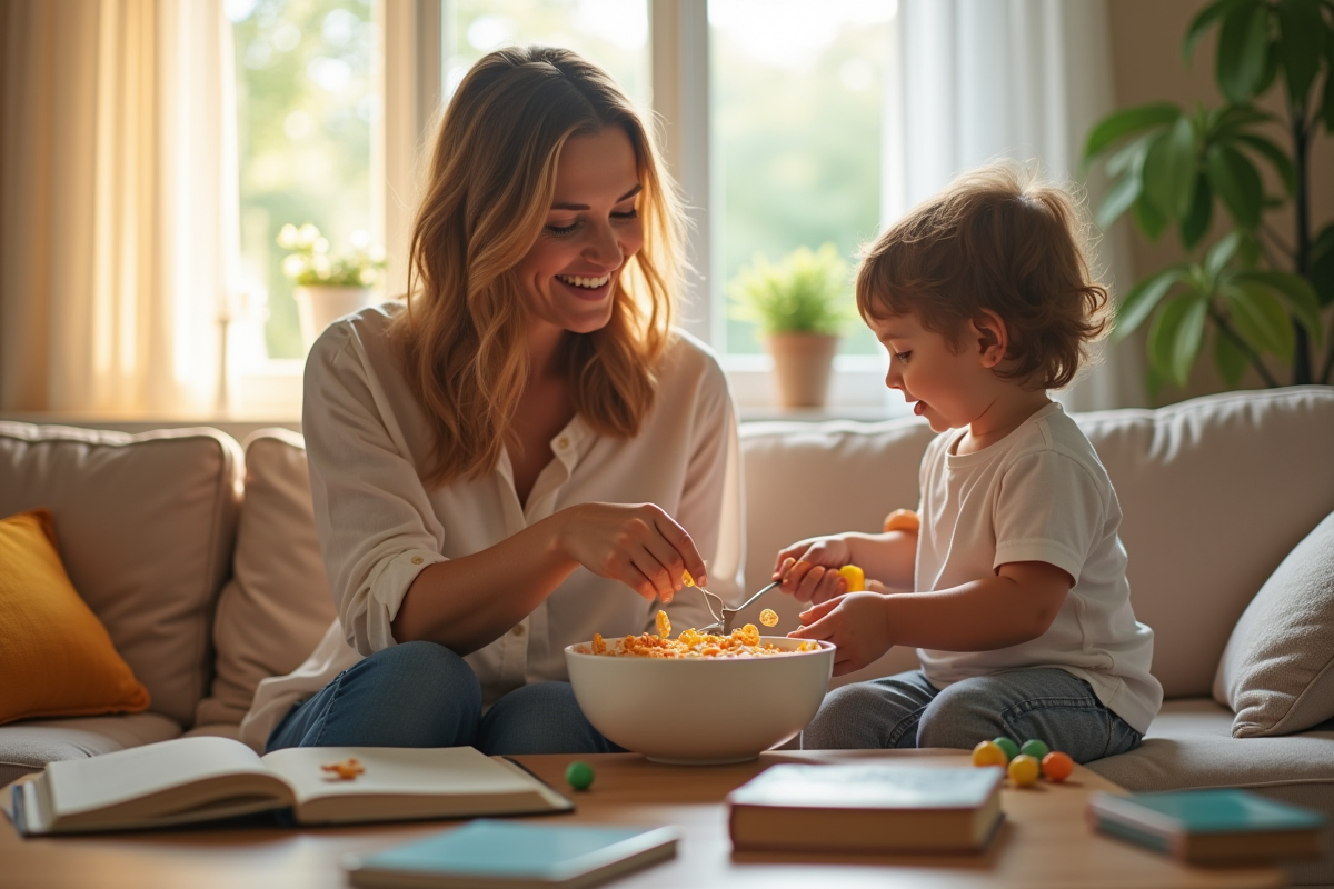 Maman et enfant assis sur un canapé ensoleillé dans un salon chaleureux