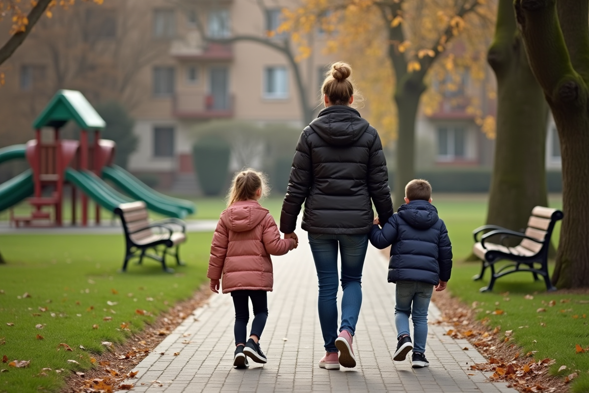 Mère et enfants marchant dans un parc urbain