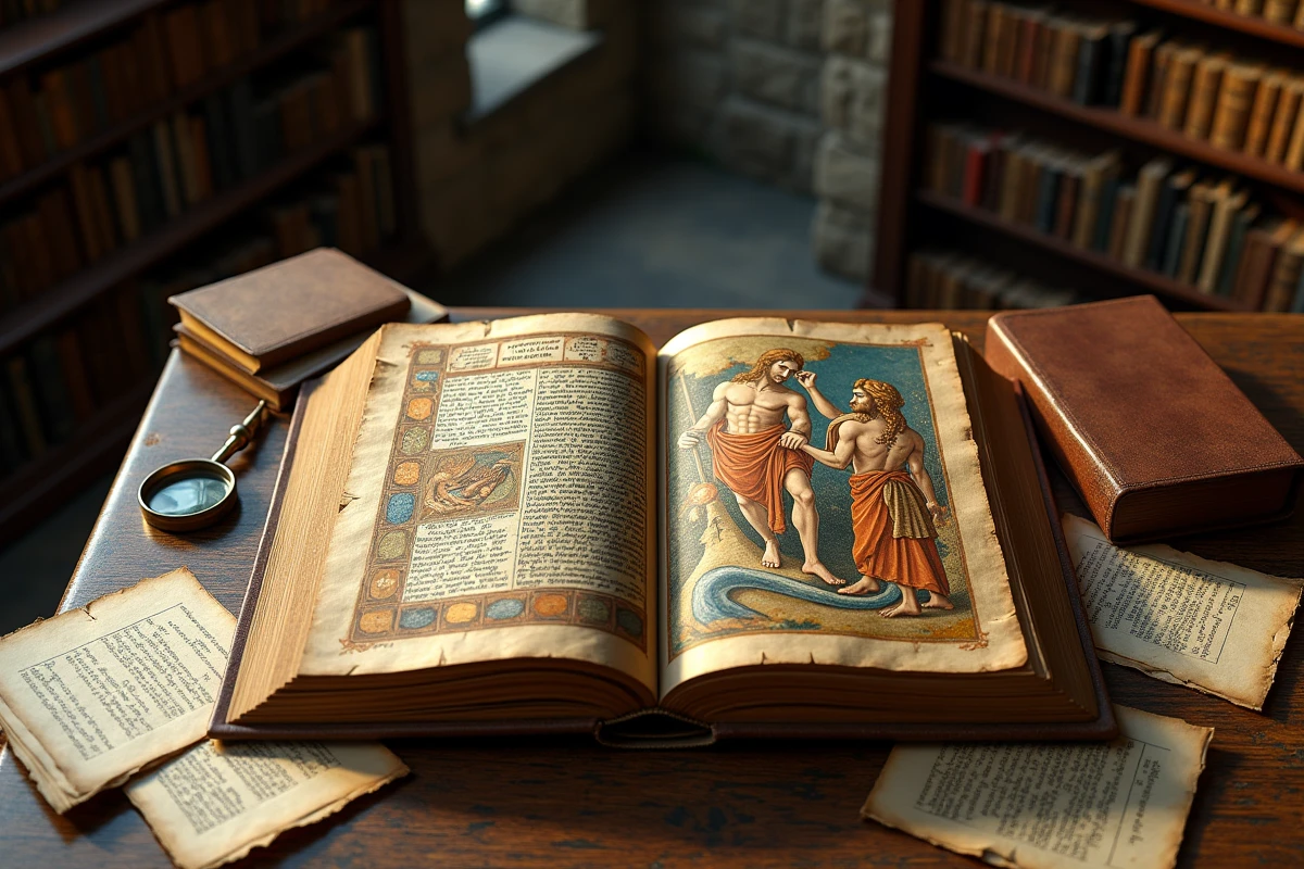 Manuscrit illustré ancien du mythe de Prométhée ouvert sur un bureau d'archives historiques