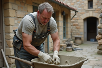 Maçon en plein travail mélangeant de la chaux en extérieur