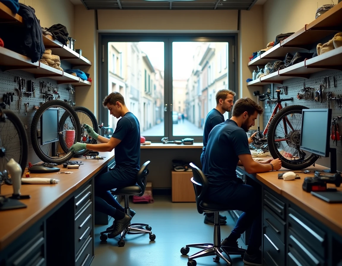 Deux mécaniciens de Massilia Bike System travaillant simultanément sur des vélos dans un grand atelier équipé