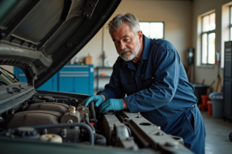 Mécanicien homme inspectant un moteur diesel dans un garage propre