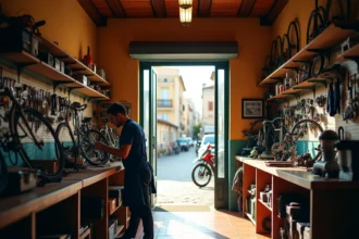 Atelier de réparation de vélos en Provence avec mécanicien au travail et outils accrochés au mur