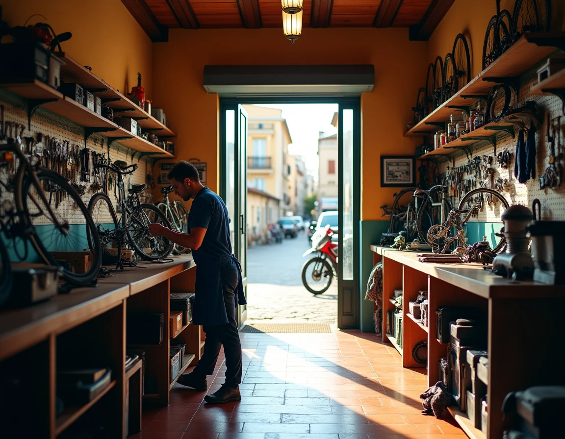 Atelier de réparation de vélos en Provence avec mécanicien au travail et outils accrochés au mur