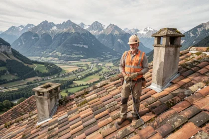 Vue panoramique d'un couvreur professionnel travaillant sur une toiture en tuiles avec les Alpes de l'Isère en arrière-plan