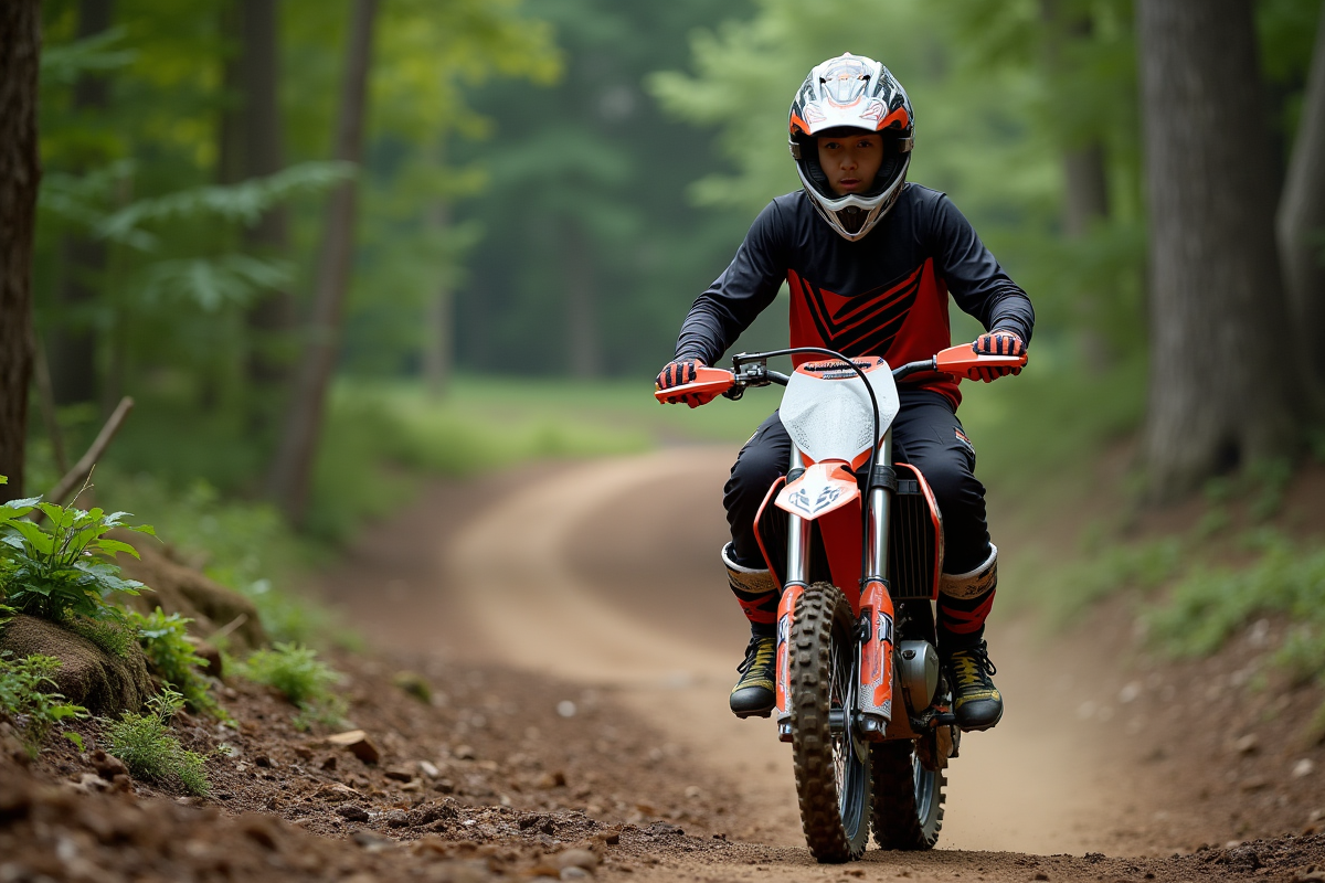 Jeune homme en motocross sur sentier forestier