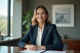 Portrait d'une femme professionnelle d'origine marocaine en blazer marine dans un bureau moderne, illustrant les origines familiales et le parcours de Najwa El Haïté