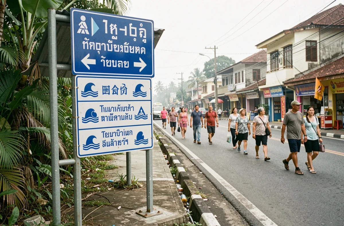 Signalisation d'évacuation tsunami le long d'une route côtière à Phuket avec panneaux d'alerte multilingues