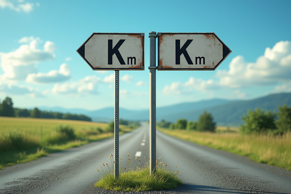 Panneaux routiers vintage en campagne avec distances en km et miles