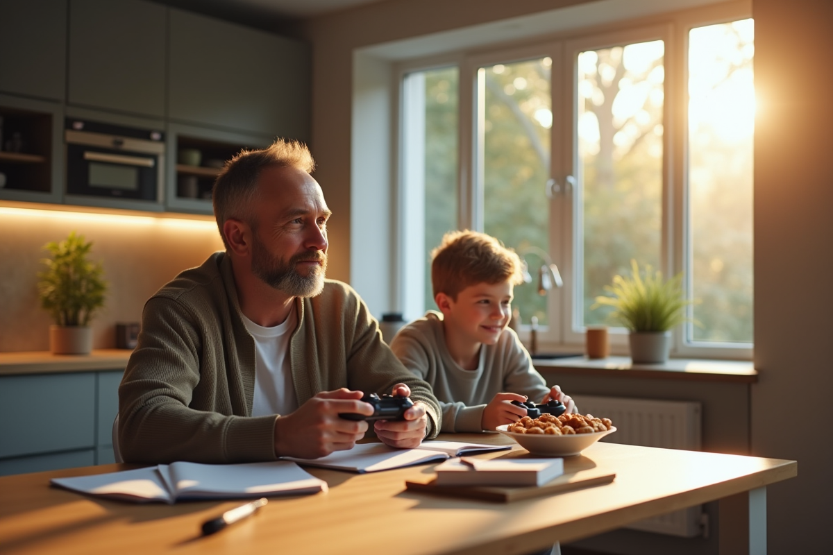 Père regardant son adolescent jouer aux jeux vidéo dans la cuisine lumineuse