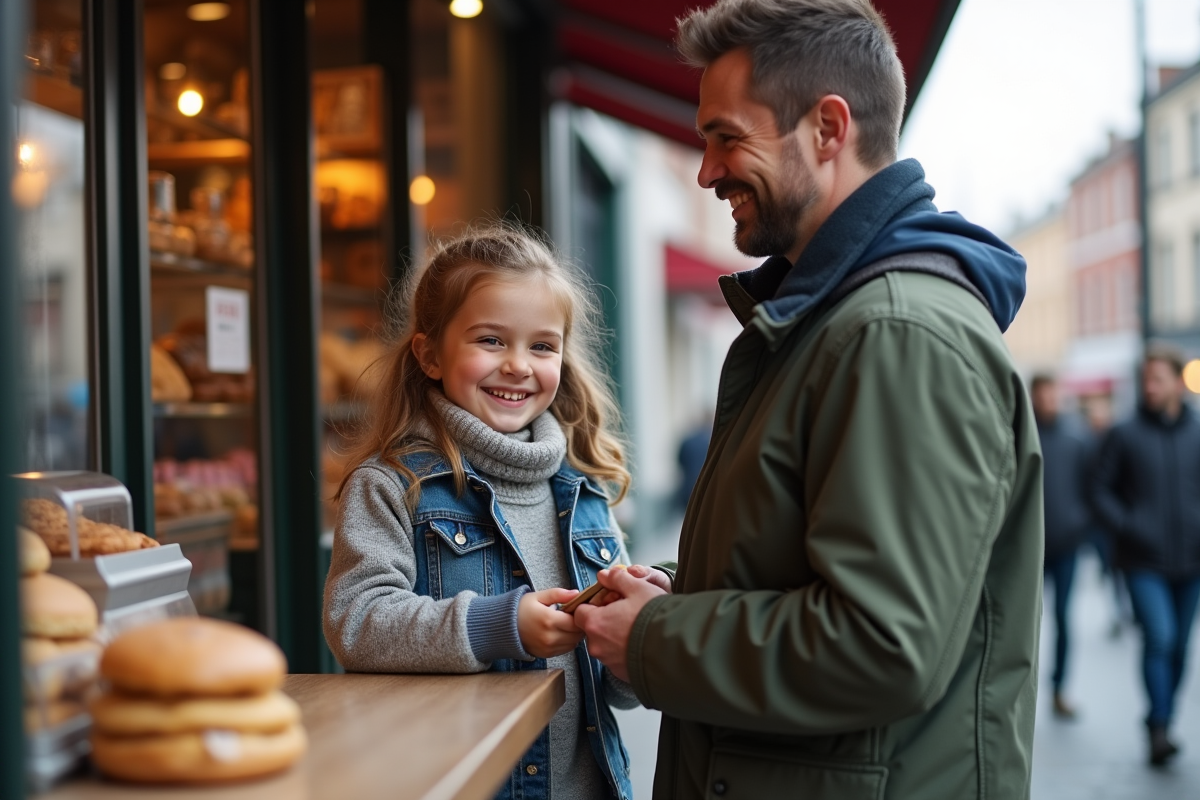 Père et fille achetant des pâtisseries devant une boulangerie