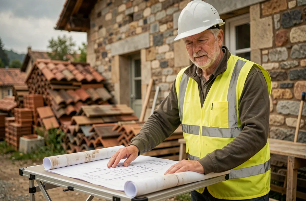 Entrepreneur couvreur partenaire consultant des plans architecturaux devant une ferme rénovée en Isère
