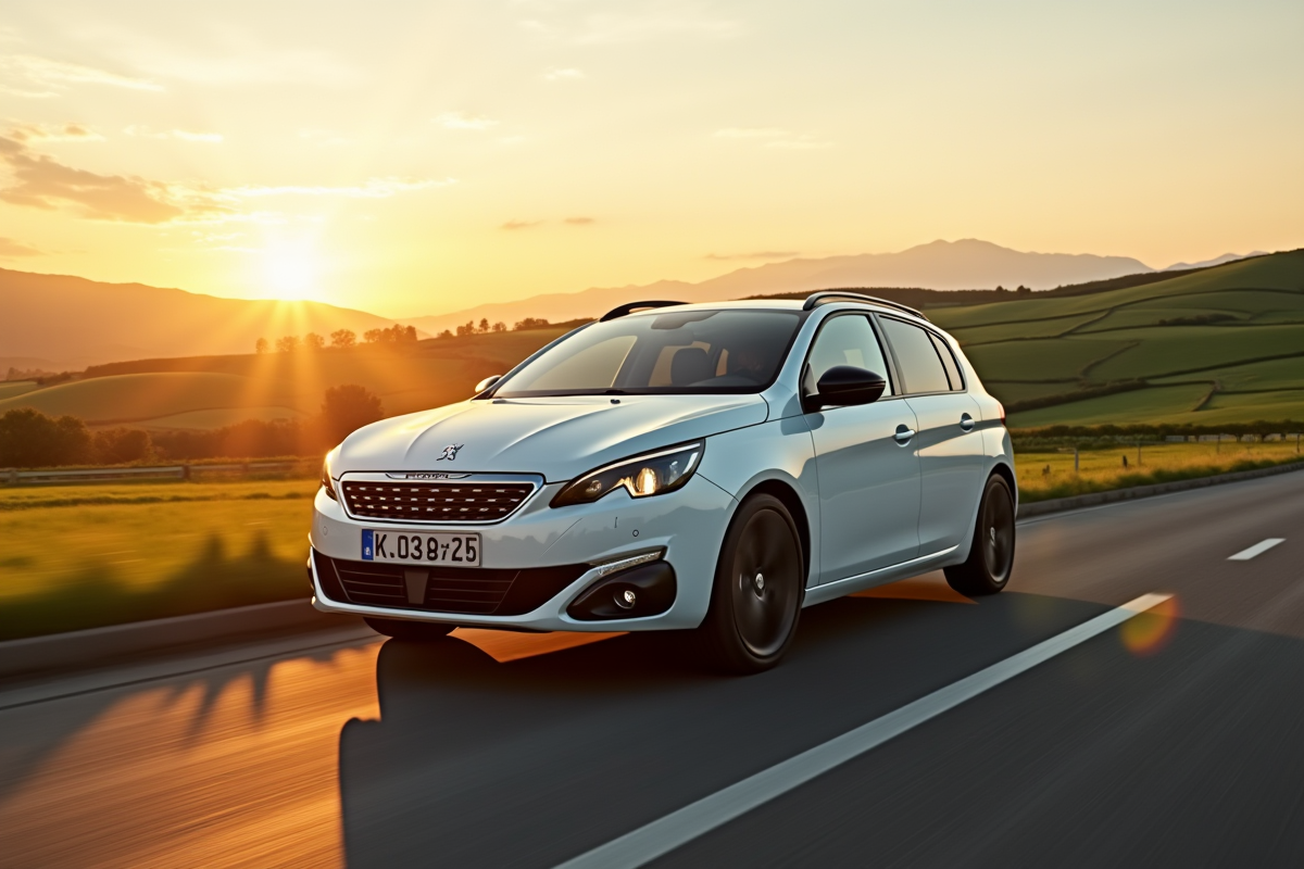 Peugeot 308 en conduite sur une route de campagne ensoleillée
