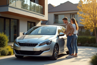 Voiture Peugeot 308 argentée devant une maison moderne