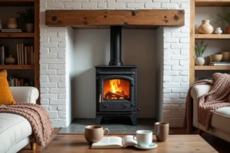Poêle à bois moderne en fonte noire comme pièce maîtresse d'un salon scandinave cosy en hiver avec canapé et plaid en tricot