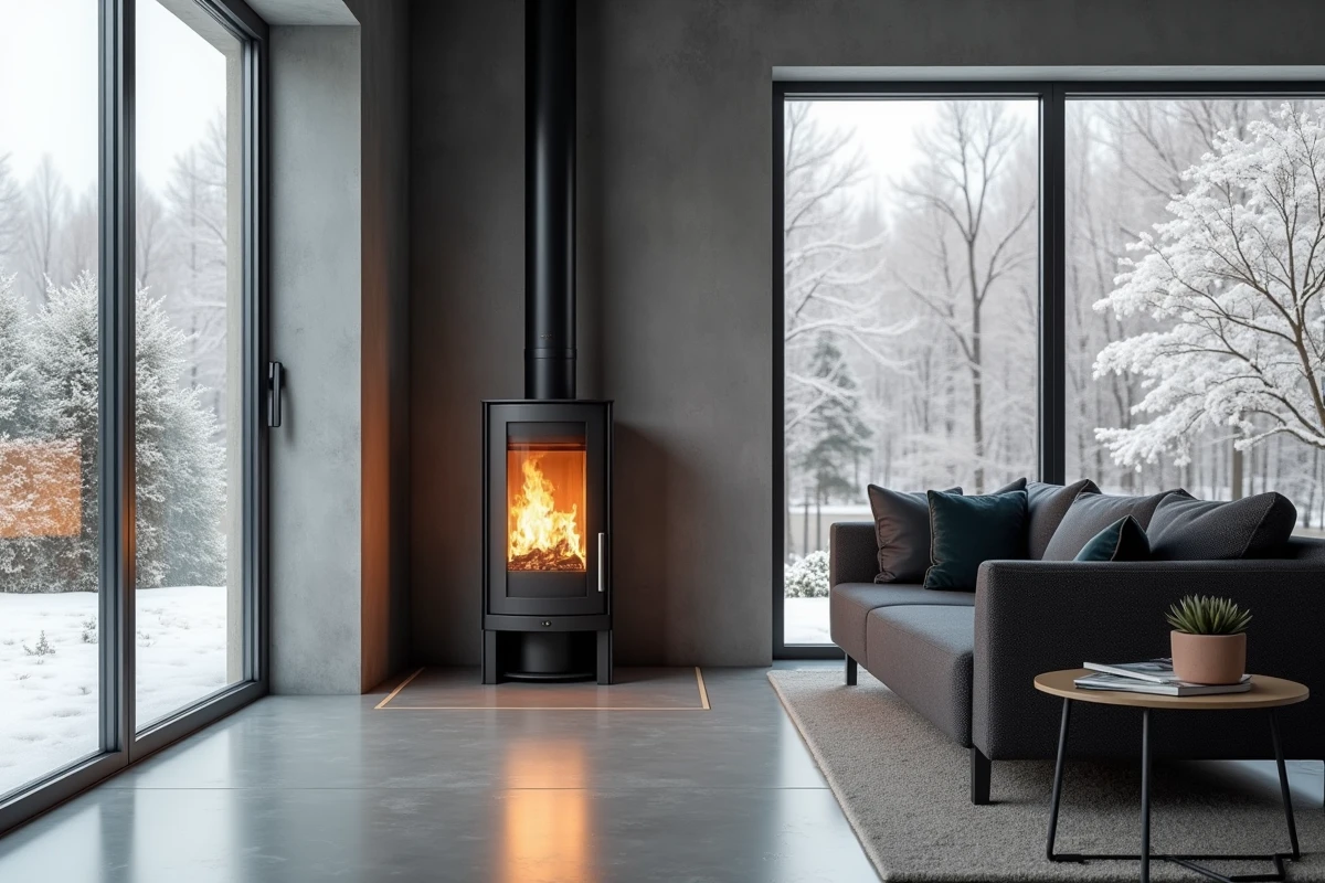 Poêle design en acier avec foyer vitré dans un salon contemporain minimaliste avec vue sur jardin enneigé