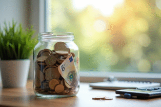 Portefeuille rempli de billets et pièces sur bureau moderne