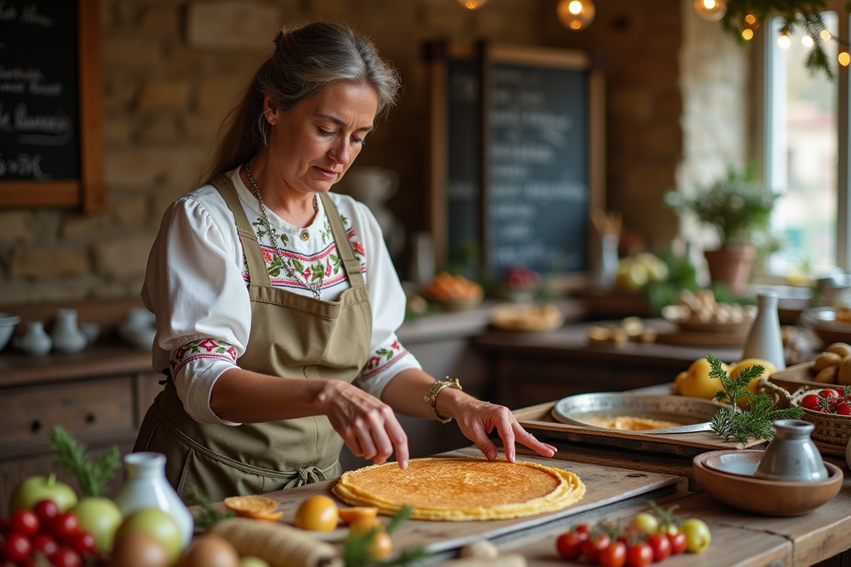 Femme française préparant des crepes lors d