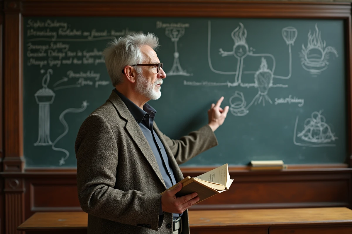 Professeur d'université expliquant le mythe de Prométhée devant un tableau noir avec des inscriptions grecques