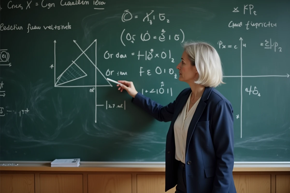Professeure de physique expliquant le calcul du champ électrique devant un tableau noir couvert de formules et de schémas vectoriels