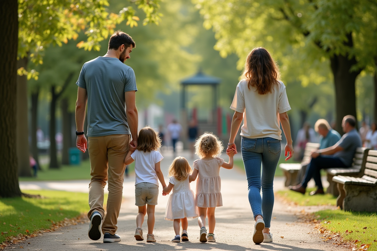 Famille française marchant dans un parc en promenade