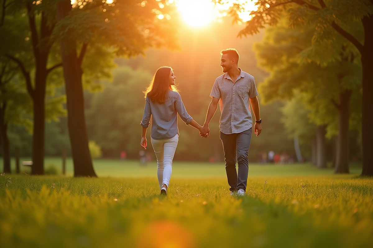 Couple marchant main dans la main dans un parc en fin d