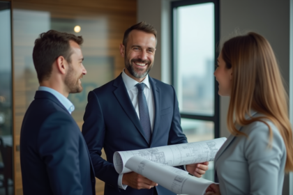 Promoteur immobilier expliquant un plan à un couple dans un bureau moderne