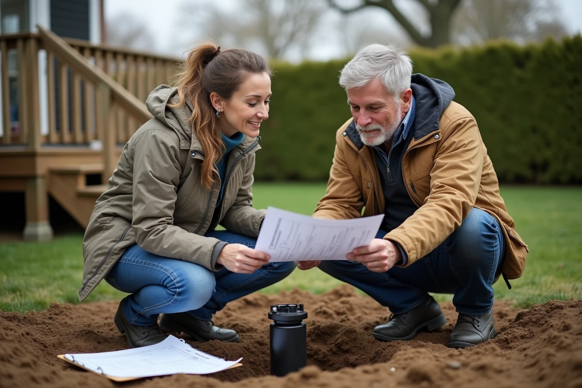 Couple de propriétaires consultant les documents de permis de forage de puits privé dans leur jardin