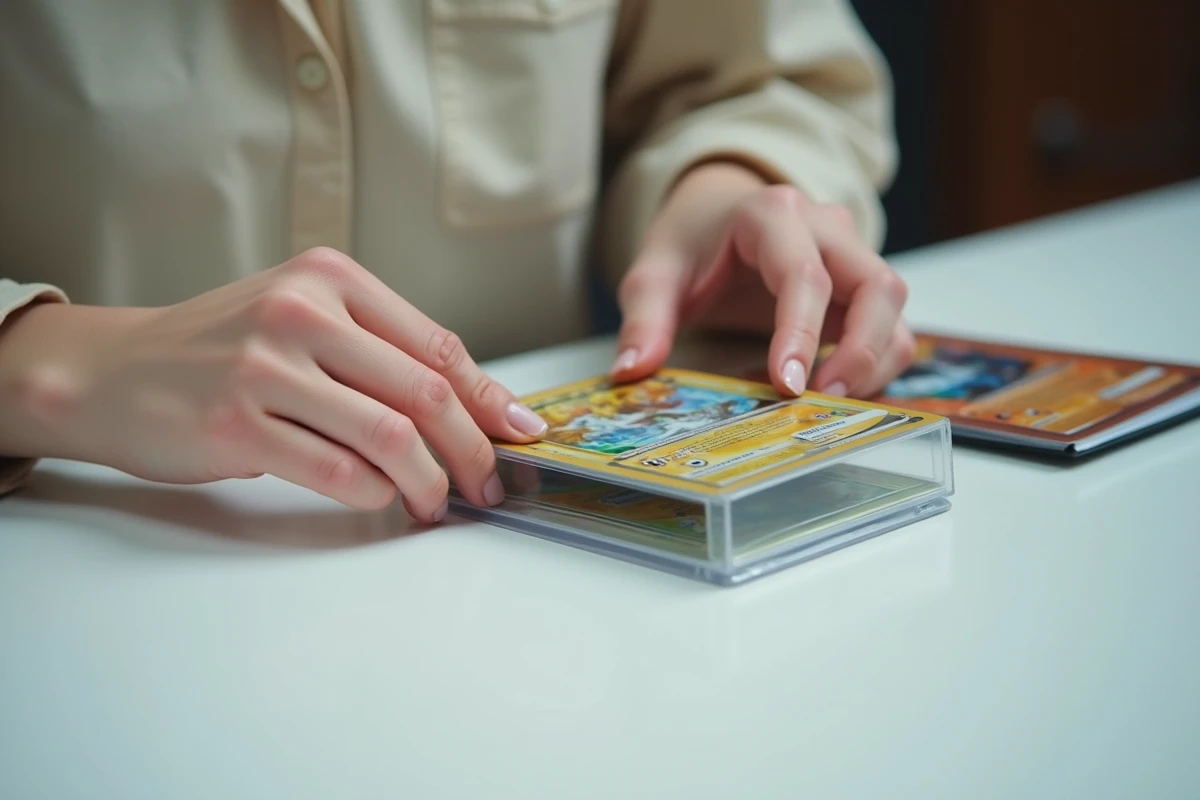 Mains d'une collectionneuse insérant délicatement une carte Pokémon holographique dans une protection rigide transparente sur une table blanche