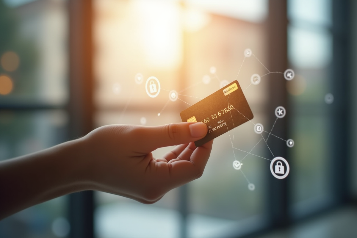 Main tenant une carte de crédit devant une fenêtre ensoleillée