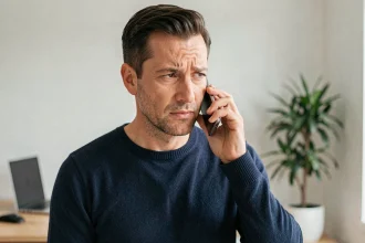 Homme utilisant sa messagerie vocale sur smartphone dans un bureau à domicile, soucieux de la confidentialité de ses messages