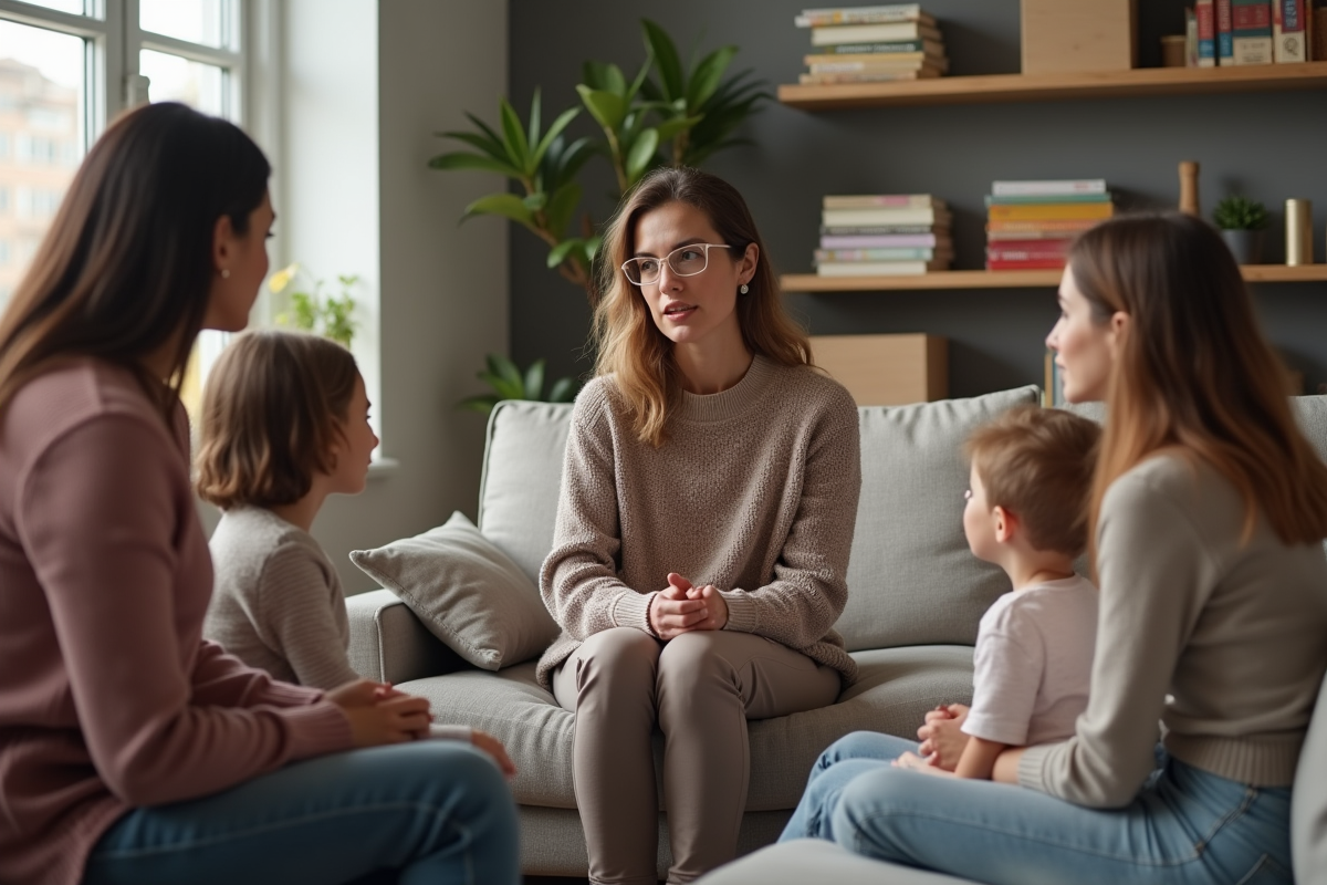 Psychologue en séance avec famille dans un bureau