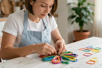 Femme adulte réalisant un scoubidou fleur avec des lacets plastiques colorés sur une table en bois