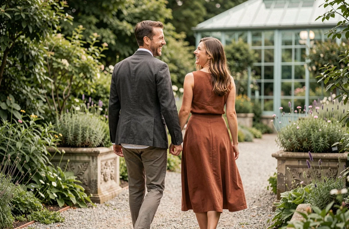 Un homme et une femme se promenant ensemble dans un jardin botanique, symbolisant les relations clés et la compatibilité du signe du 4 mars