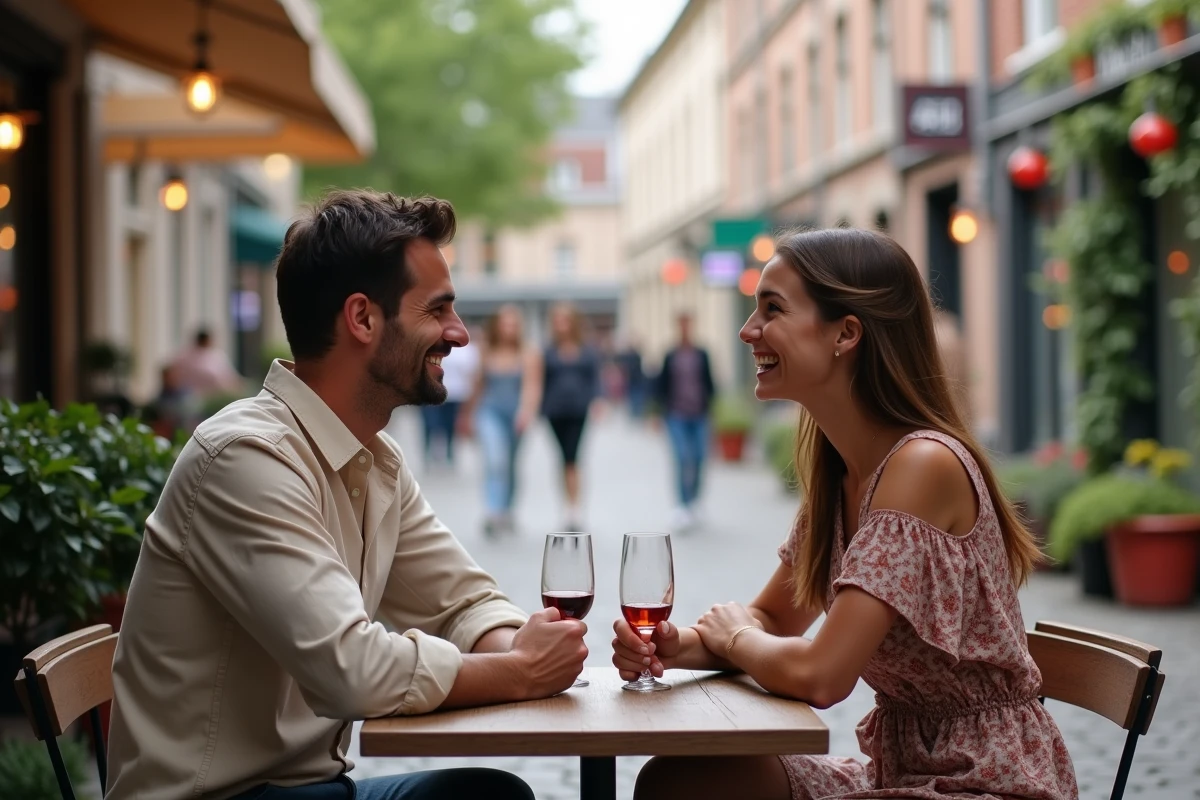 Couple de trentenaires en rendez-vous romantique en terrasse dans le centre-ville de Lille après s'être rencontrés via Joy Club