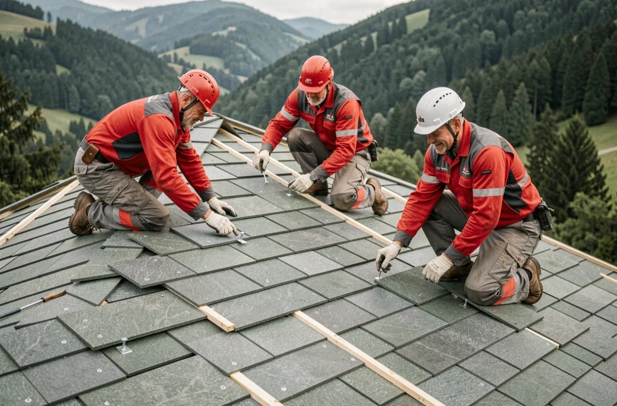 Équipe de Rhône-Alpes Toiture posant des ardoises en fibrociment sur une maison dans les contreforts des Alpes