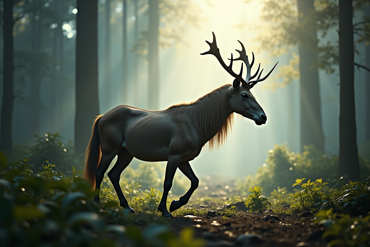 Saola dans la forêt brumeuse avec déforestation en arrière-plan