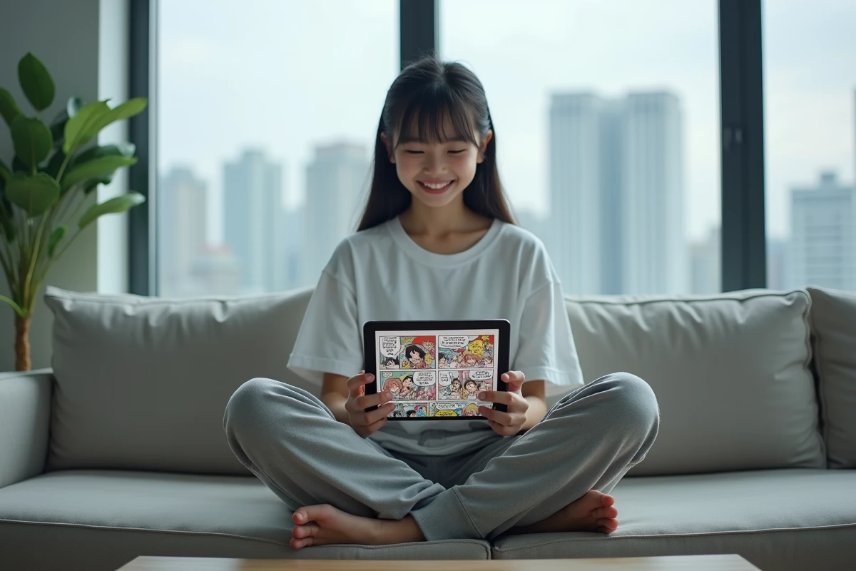Adolescente lisant le scan One Piece en ligne sur une tablette dans un salon moderne