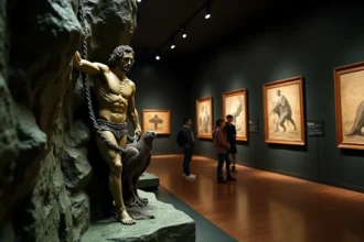 Sculpture en bronze de Prométhée enchaîné dans un musée de mythologie grecque antique