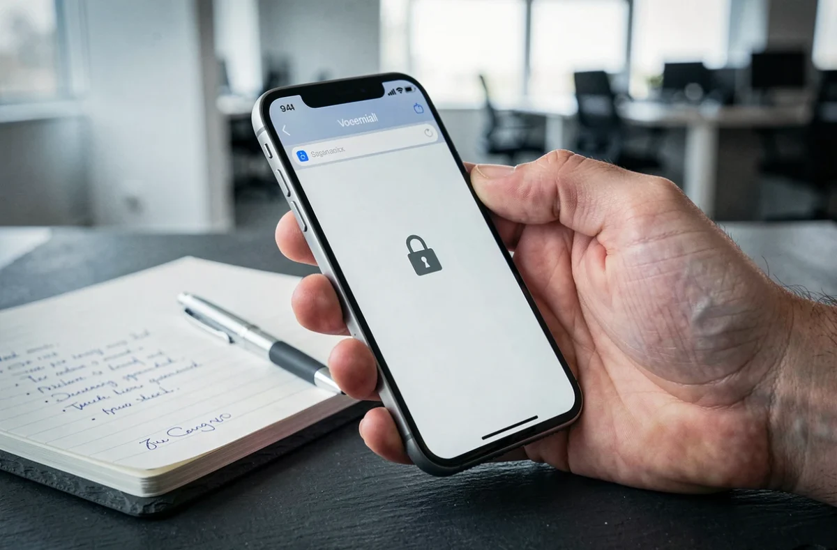 Gros plan sur un smartphone affichant une interface de messagerie vocale avec icône de sécurité, symbolisant la protection des messages Free