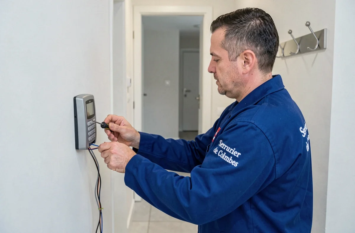 Serrurier de Colombes installant un système d'entrée à clavier numérique sur une porte d'appartement rénovée