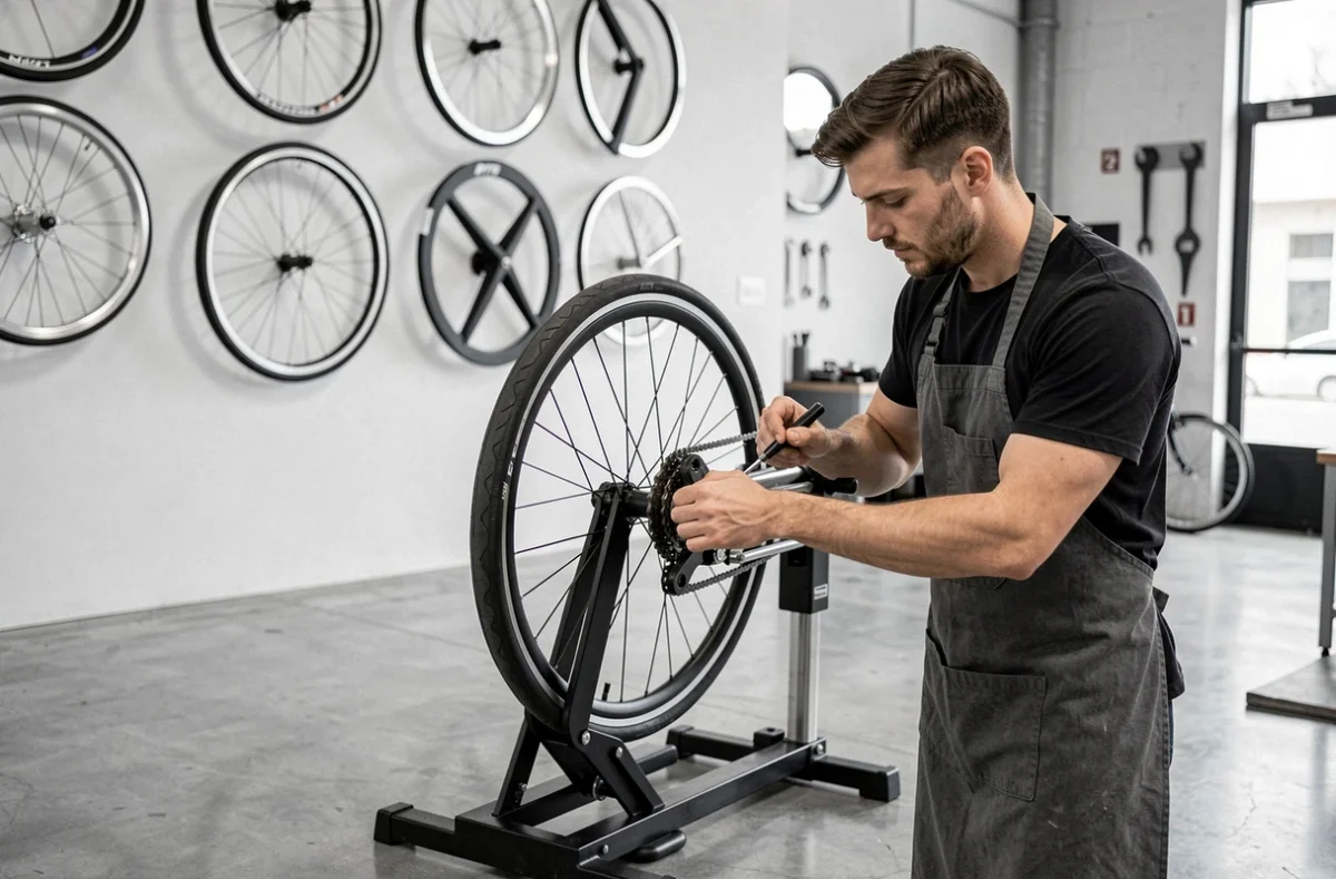 Mécanicien de Steedy Bike en train de voiler une roue sur un support de centrage dans un atelier urbain minimaliste
