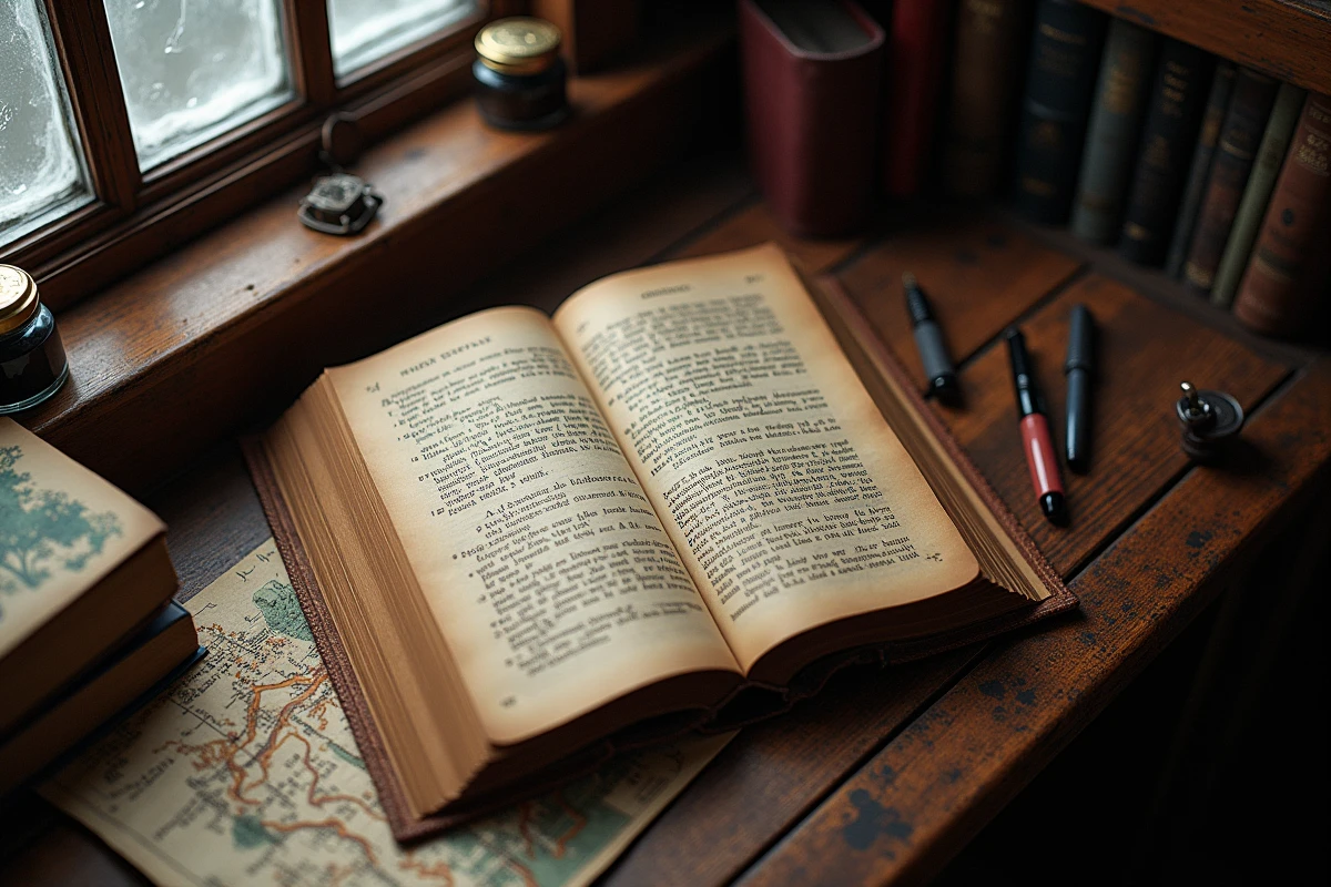Livre ouvert et carte manuscrite sur un bureau en bois représentant la structure narrative en actes d'un jeu d'aventure