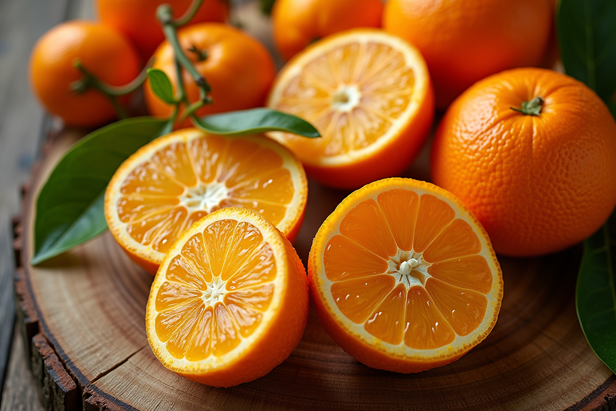 Tranches de tangerines et tamarillos sur planche en bois