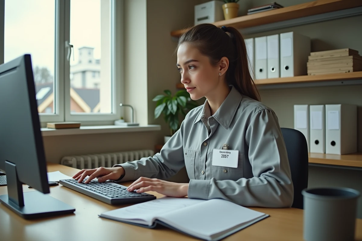 Technicienne en office public tapant sur un clavier avec un carnet