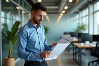 Jeune technicien en bureau examinant une grille de salaire