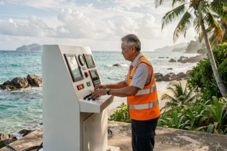 Technicien thaïlandais inspectant une station d'alerte au tsunami sur la côte de Phuket avec équipements de surveillance modernes