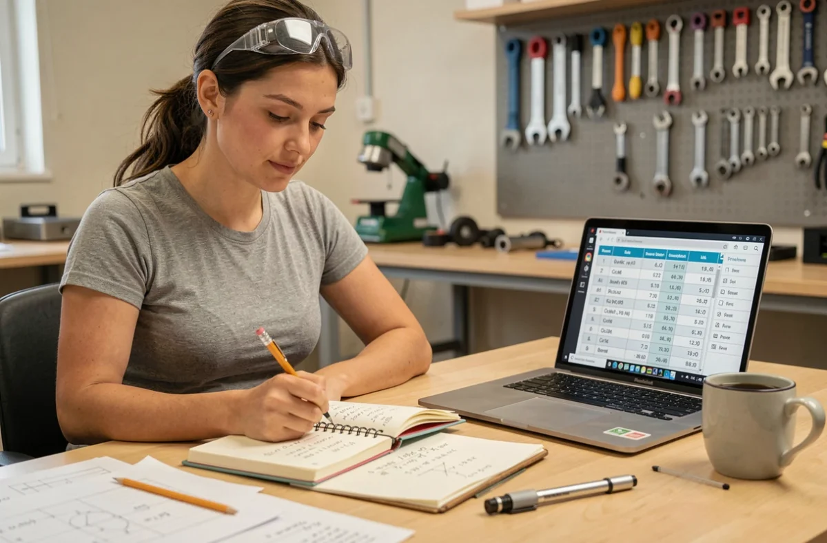 Technicienne calculant des conversions de pression de psi en bar dans un carnet technique avec un ordinateur