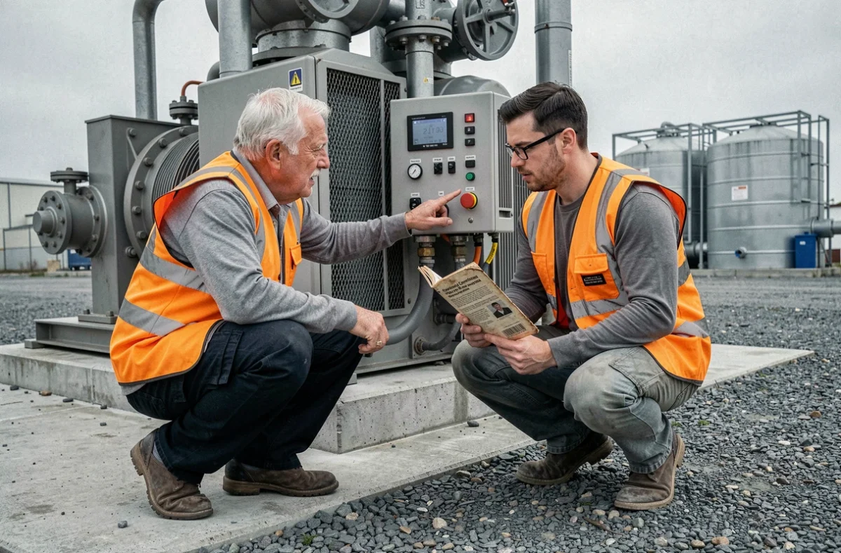 Deux techniciens industriels consultant un afficheur de pression en psi et un guide de conversion bar sur un site extérieur